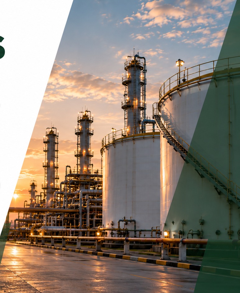 Refinería iluminada al atardecer